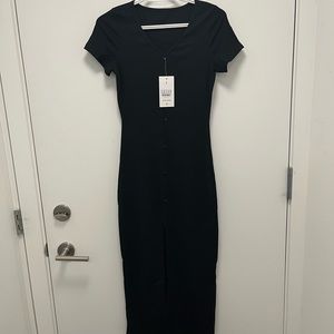 Everyday V Neck Button Split Ribbed Knit Midi Chill Dress